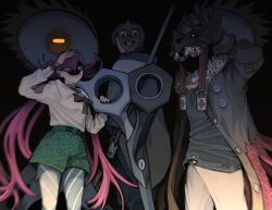 1girl 2boys 4388m blonde_hair brown_gloves buttons coat gachiakuta gloves green_eyes green_pants grey_hair highres holding holding_scissors holding_staff hood long_hair looking_at_viewer looking_back mask multiple_boys open_clothes open_coat pants patch pink_hair red_eyes remonucha riyo_reaper rudo_surebrec scissors shaded_face shirt short_hair simple_background smile spiked_hair staff white_pants white_shirt wolf_hat zanka_nijiku