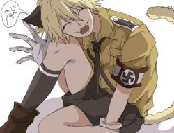 1boy alpachiiino animal_ears cat_boy cat_ears cat_tail gloves hellsing nazi schroedinger_(hellsing) short_hair sitting solo speech_bubble swastika tail