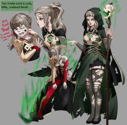 2girls alternate_costume black_lips cheek_pinching circle demdeet fire_emblem fire_emblem_heroes grey_hair highres hood hooded_jacket jacket letizia_(fire_emblem) lipstick long_hair makeup multiple_girls multiple_views necromancer nintendo pinching ponytail red_eyes short_hair short_hair_with_long_locks stitched_face stitches thighhighs torn_clothes torn_thighhighs veronica_(fire_emblem)