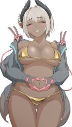 1girl arknights bikini black_hair blush breasts closed_eyes cowboy_shot dark-skinned_female dark_skin double_v extra_arms facing_viewer gloves gluteal_fold gold_bikini grey_hair groin hair_horns hair_ornament hands_up heart heart_hands highres hockcqqdmc6864 jacket large_breasts long_sleeves multicolored_hair navel open_clothes open_jacket raidian_(arknights) short_hair skindentation smile solo straight-on swimsuit swimsuit_under_clothes thigh_gap thighhighs two-tone_hair v