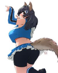 1girl animal_ears bike_shorts bike_shorts_under_skirt black_hair blue_shirt blue_skirt breasts cheerleader fox_ears fox_shadow_puppet fox_tail from_behind hair_flaps hair_ornament hairclip hokkaido_nippon-ham_fighters jingei_(kancolle) jini_ya1 kantai_collection kitsune_dance large_breasts layered_skirt long_hair looking_at_viewer midriff nippon_professional_baseball red_eyes shirt shorts shorts_under_skirt simple_background skirt sleeveless sleeveless_shirt solo standing standing_on_one_leg tail whale_hair_ornament white_background
