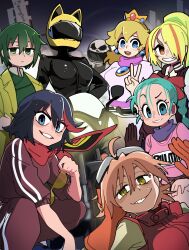 6+girls absurdres animal_ears_helmet animal_helmet aqua_hair artist_name biker_peach black_bodysuit blonde_hair blue_eyes bodysuit bongfill braid braided_ponytail breasts brown_gloves bulma celty_sturluson character_name clothes_writing commentary crossover crown dragon_ball dragon_ball_(classic) durarara!! earrings eyebrows_hidden_by_hair flcl gloves goggles goggles_on_head green_hair grin hair_between_eyes hair_over_one_eye haruhara_haruko helmet high_ponytail highres holding holding_removed_eyewear jacket jewelry justice_gakuen kazama_akira kill_la_kill large_breasts long_hair long_sleeves looking_at_viewer mario_(series) mario_kart mario_kart_wii matoi_ryuuko medium_breasts medium_hair motor_vehicle motorcycle motorcycle_helmet multicolored_hair multiple_crossover multiple_girls nikaidou_saki nintendo orange_gloves pants pink_hair ponytail princess_peach red_pants red_track_jacket red_track_suit short_hair skull_print smile squatting streaked_hair sunglasses symbol-only_commentary tank_top track_suit trait_connection unworn_eyewear yellow_eyes yellow_helmet zombie_land_saga