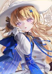 1girl absurdres black_bow black_gloves blonde_hair bow breasts buttons chigusa7h commentary_request double-breasted dress gloves hair_bow hair_ornament hand_up hat highres long_hair looking_at_viewer medium_breasts parted_lips phoebe_(wuthering_waves) purple_eyes signature solo striped_bow upper_body very_long_hair white_dress white_hat wuthering_waves x_hair_ornament