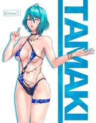 Rule 34 | ahoge, asymmetrical hair, character name, cowboy shot, dead or alive, dead or alive xtreme, dead or alive xtreme venus vacation, green eyes, green hair, highres, index finger raised, kirishima (kiriman31), mole, mole under eye, one-piece swimsuit, one eye closed, red streaks, skindentation, swimsuit, tamaki (doa), twitter username, white background