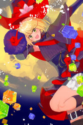 1girl black_cloak black_dress blonde_hair brown_capelet capelet cloak deerstalker dress hat heaven_burns_red highres irene_redmayne looking_at_viewer multiple_girls phantom_thief short_hair solo tanaka_kuronisi thief top_hat two-tone_cloak yellow_eyes