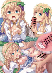 1boy 1girl aqua_eyes bar_censor blonde_hair braid breasts censored commission cum cum_in_mouth cum_in_pussy dasumon_(mcwt7384) dress ejaculation fellatio food food-themed_hair_ornament fruit garter_straps grape_hair_ornament grapes hair_ornament highres internal_cumshot iris_(konosuba) kono_subarashii_sekai_ni_shukufuku_wo! licking licking_penis long_hair medium_breasts nipples open_mouth oral penis pixiv_commission sex tears teeth white_background