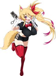 Rule 34 | 1girl, ;d, animal ears, black jacket, blonde hair, boots, borrowed character, bow, bowtie, breasts, collared shirt, colored inner hair, commission, covered erect nipples, cropped jacket, double-parted bangs, flipped bangs, full body, gloves, hair ornament, hands up, hanging breasts, happy, highres, hip vent, holding, jacket, knee up, large breasts, leaning forward, long hair, looking at viewer, micro shorts, midriff, multicolored hair, nashirasauce, navel, one eye closed, open mouth, original, pink hair, puffy short sleeves, puffy sleeves, purple eyes, red boots, red bow, red bowtie, shirt, short-sleeved jacket, short sleeves, shorts, side ponytail, simple background, smile, solo, standing, standing on one leg, tachi-e, tape recorder, thigh boots, thighhighs, transparent background, v, white gloves, wing collar, x hair ornament, yellow tail, zettai ryouiki