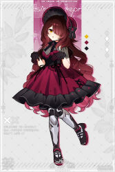 1girl :o absurdres black_gloves bonnet bow brown_hair commentary_request dress english_text full_body ghost_pose gloves grey_background hair_over_one_eye hat highres hololive lolita_fashion looking_at_viewer mechanical_legs puffy_short_sleeves puffy_sleeves red_bow red_dress red_hat roboco-san short_sleeves solo standing standing_on_one_leg two-tone_background virtual_youtuber waka_(wk4444) watermark yellow_eyes