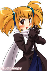 Rule 34 | 1girl, blonde hair, blush, brown eyes, brown gloves, cowboy shot, female focus, gloves, happy, long sleeves, looking at viewer, original, scarf, short hair, simple background, smile, solo, standing, studio inopy, twintails, white background, white scarf