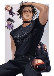 1boy belt black_bag black_belt black_choker black_hair black_pants black_shirt chain chain_bracelet chain_necklace charm_(object) chibi chibi_inset choker choso_(jujutsu_kaisen) cowboy_shot ear_piercing hand_in_own_hair highres itadori_yuuji jewelry jujutsu_kaisen male_focus mouth_piercing multiple_boys necklace nthndn objectification pants piercing shirt short_hair short_sleeves