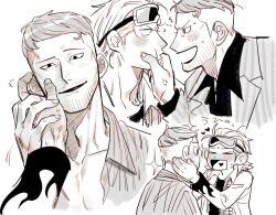 &gt;_&lt; 2boys anger_vein blush chanko_neru cheek_pinching closed_mouth collarbone commentary_request eye_contact facial_hair goggles goggles_on_head greyscale hand_on_another&#039;s_face hands_on_another&#039;s_face iceburg jacket lapels long_sleeves looking_at_another male_focus monochrome multiple_boys multiple_views one_piece open_clothes open_jacket open_mouth open_shirt paulie_(one_piece) pinching shirt sideburns smile striped_clothes striped_shirt sweat white_background wing_collar yaoi