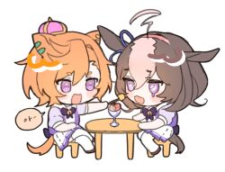 2girls :3 :d ahoge animal_ears blue_ribbon bow bowtie brown_hair brown_tail chibi chibi_only colored_speech_bubble colored_tears commentary_request crossed_legs crown dripping_eye ear_ornament ear_ribbon feeding food hairband horse_ears horse_girl horse_tail horseshoe_ornament ice_cream korean_commentary korean_text looking_at_another meisho_doto_(umamusume) mini_crown multicolored_hair multiple_girls open_mouth orange_eyes orange_hair orange_tail outstretched_arm parfait pink_hairband pleated_skirt puffy_short_sleeves puffy_sleeves purple_bow purple_bowtie purple_eyes purple_shirt purple_skirt ribbon sailor_collar sailor_shirt school_uniform shirt short_hair short_sleeves simple_background single_tear sitting skirt smile speech_bubble stool streaked_hair summer_uniform t.m._opera_o_(umamusume) table tail tracen_school_uniform umamusume umaumakiki white_background white_hair white_skirt