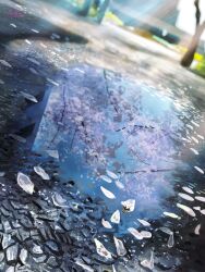 Rule 34 | absurdres, banishment, building, cherry blossoms, highres, no humans, original, pavement, puddle, railing, scenery, sunlight, tree, wet pavement