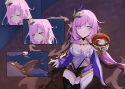 Rule 34 | 1girl, absurdres, black boots, black shorts, blue eyes, blue sky, blush, boots, breasts, cape, chinese commentary, cleavage, closed eyes, closed mouth, clothing cutout, cloud, cloudy sky, commentary request, cup, eden (honkai impact), elf, elysia (honkai impact), elysia (miss pink elf) (honkai impact), floating, full moon, hair between eyes, hair ornament, hand in own hair, highres, holding, holding cup, honkai (series), honkai impact 3rd, large breasts, long hair, moon, multiple views, pink hair, pink pupils, pointy ears, rio (user kzxp8757), shirt, short shorts, shorts, side cutout, sitting on animal, sky, smile, thigh boots, thighhighs, thighs, toasting (gesture), very long hair, whale, white shirt, zettai ryouiki