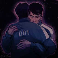 Rule 34 | 2boys, bags under eyes, black background, black eyes, black hair, blank stare, blue jumpsuit, claw mark, clothes writing, commentary, covered mouth, dark, english commentary, glowing, gripping clothes, highres, hug, hwang in-ho, implied yaoi, jumpsuit, leaning on person, limited palette, looking down, male focus, markkrpg, multiple boys, outline, print jumpsuit, purple outline, seong gi-hun, short hair, simple background, squid game, striped clothes, sunken cheeks, upper body