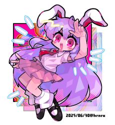1girl @_@ animal_ears arm_up black_shoes buttons collared_shirt danmaku eyelashes full_body hair_between_eyes harunori_(hrnrx) highres long_hair mary_janes miniskirt necktie open_mouth pink_skirt pleated_skirt purple_hair rabbit_ears red_eyes red_necktie reisen_udongein_inaba shirt shoes short_sleeves skirt smile socks solo touhou very_long_hair white_shirt white_socks