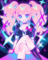 1girl bear_hair_ornament black_boots black_choker black_shirt blonde_hair boots bow breasts choker collarbone danganronpa:_trigger_happy_havoc danganronpa_(series) enoshima_junko feet_out_of_frame green_eyes grin hair_ornament highres iro_(mywife_sunny) knee_boots large_breasts long_hair necktie red_bow shirt short_sleeves sitting smile solo sparkle teeth twintails