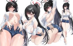 1girl absurdly_long_hair absurdres alternate_costume alternate_hairstyle arm_under_breasts arm_up armpit_cutout armpits ass bare_shoulders black_hair black_halo blue_archive blue_shorts blush breasts cleavage closed_mouth clothing_cutout collared_shirt commentary_request covered_erect_nipples cowboy_shot cross-laced_clothes cross-laced_shorts curvy denim denim_shorts detached_sleeves earrings from_below full_body gold_earrings gold_necklace hair_ornament hairclip hairpin halo hand_up high_ponytail highres huge_breasts jewelry large_breasts long_hair long_sleeves looking_at_viewer micro_shorts multiple_views navel necklace noa_(skae3323) open_clothes open_shirt parted_lips pink_nails ponytail presenting_armpit puffy_long_sleeves puffy_sleeves red_eyes rio_(blue_archive) see-through_clothes see-through_shirt shirt short_shorts shorts shoulder_cutout side-tie_shorts side_ponytail sideboob sideless_outfit simple_background skindentation standing stomach thick_thighs thighs very_long_hair white_background white_shirt