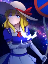 Rule 34 | 1girl, bird, blonde hair, blue dress, blue eyes, bright pupils, collared dress, dress, elbow gloves, gloves, glowing pupils, hat, hat ribbon, highres, holding road sign, kana anaberal, long hair, neck ribbon, puffy short sleeves, puffy sleeves, red ribbon, ribbon, road sign, short sleeves, sign, sky, solo, speckticuls, star (sky), starry sky, sun hat, touhou, touhou (pc-98), upper body, white gloves, white hat, white pupils