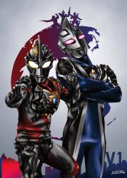 2boys alguros alien apatee armor artist_name black_skin blue_gemstone blue_skin breastplate building city clenched_hand color_timer colored_skin commentary compound_eyes continents cowboy_shot crossed_arms doppelganger dorsal_fin elbow_spikes evil_eyes evil_smile fighting_stance gem glowing glowing_eyes gold_trim gradient_background grey_background hands_up head_spikes head_tilt highres imit_ultraman_agul imit_ultraman_gaia legs_apart looking_at_viewer looking_up mimos multicolored_skin multiple_boys mutation outstretched_arm purple_eyes red_skin shoulder_armor signature silhouette silver_skin silver_trim skyline skyscraper smile spikes standing tokusatsu toned toned_male ultra_series ultraman_gaia_(series) ultrataku white_background wrinkled_skin yellow_eyes