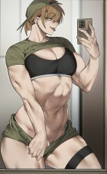 1girl abs backwards_hat baseball_cap biceps blonde_hair blue_eyes breasts crop_top gym hair_through_headwear hat highres holding holding_phone large_breasts looking_at_phone mirror mirror_selfie muscular muscular_female original pants phone reflection reflection_focus selfie short_hair shorts smile solo stomach tall_female thick_thighs thighs tomboy toned toned_female tongue tongue_out triceps undressing urec