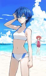 2girls ^_^ akuma_no_riddle azuma_tokaku beach bikini blue_bikini blue_eyes blue_hair blue_sky closed_eyes cloud colored_eyelashes cowboy_shot day female_focus full_body hair_between_eyes hand_in_own_hair hand_on_own_head ichinose_haru legs_apart looking_at_viewer minakata_sunao mountainous_horizon multiple_girls narrow_waist navel ocean outdoors red_hair shore short_hair sky smile standing swimsuit tomboy twintails wading wet wet_hair