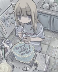 1girl absurdres blunt_bangs bowl broken_egg brown_hair cake closed_mouth cooking cupboard english_text food grey_eyes grey_shirt gudon_udon highres holding holding_pastry_bag indoors kitchen long_hair looking_at_viewer magnet milk_carton original pastry_bag refrigerator refrigerator_magnet shirt short_sleeves sink solo spoon standing tile_floor tiles upper_body
