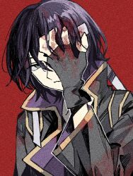 1boy aged_down black_gloves blood blood_on_clothes blood_on_hands covering_one_eye fingerless_gloves gintama gloves green_eyes hand_over_eye headband long_sleeves looking_at_viewer male_focus official_alternate_costume parasitic_gntk popped_collar purple_hair red_background short_hair solo takasugi_shinsuke upper_body white_headband