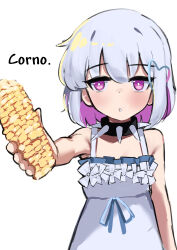 1girl absurdres collar colored_inner_hair corn corn_cob dohna_dohna_issho_ni_warui_koto_o_shiyou dress food highres holding holding_food iog626 jitome looking_at_viewer multicolored_hair parted_lips pink_eyes pink_hair porno_(dohna_dohna) sexually_suggestive short_hair simple_background solo spiked_collar spikes sundress two-tone_hair upper_body white_background white_dress white_hair