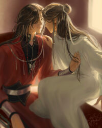 Rule 34 | 2boys, arm at side, arm rest, backlighting, beads, belt, black eyes, black sash, blurry, blurry background, bracelet, braid, brown hair, butterfly necklace, chinese clothes, closed mouth, collarbone, corner, couple, curtained hair, earrings, evening, eye contact, face-to-face, facing away, facing viewer, fingernails, glint, gold trim, hair beads, hair bun, hair ornament, hair over one eye, hair ribbon, hand on another&#039;s shoulder, hand rest, hand up, hanfu, highres, holding another&#039;s hair, hua cheng, indoors, jewelry, light smile, long hair, long sidelocks, looking at another, male focus, mandarin collar, multiple boys, necklace, obi, parted bangs, patterned clothing, peache-re, pearl earrings, profile, red hanfu, ribbon, sash, shadow, side braid, sidelighting, sidelocks, signature, silver belt, silver bracelet, silver necklace, single braid, single hair bun, sitting, sitting on table, straight hair, sunlight, sweater guard, swept bangs, table, thick eyebrows, tianguan cifu, tsurime, very long hair, white hanfu, white ribbon, window, wispy bangs, xie lian, yaoi