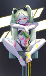 1girl against_glass artificial_eye barefoot black_bra black_panties bored bra breasts buyong22 can chair colored_sclera colored_skin commentary_request cyberpunk_(series) cyberpunk:_edgerunners feet female_focus full_body glass green_hair grey_background highres holding holding_can honey leg_tattoo loli long_hair looking_at_viewer mechanical_eye nail_polish navel neck_tattoo on_chair panties petite pink_nails rebecca_(cyberpunk) red_pupils red_sclera serious simple_background small_breasts soles solo spilling stomach_tattoo strapless strapless_bra tattoo toenail_polish toenails toes twintails underwear underwear_only very_long_hair white_skin yellow_eyes yellow_liquid