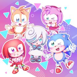 2girls 3boys abstract_background amy_rose aqua_eyes blue_eyes chibi commentary highres hoshinekirakira knuckles_the_echidna multiple_boys multiple_girls one_eye_closed open_mouth purple_eyes sage_(sonic) smile sonic_&amp;_friends sonic_(series) sonic_frontiers sonic_the_hedgehog spoilers tails_(sonic) white_hair