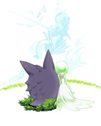 dress from_behind full_body gardevoir gen_1_pokemon gen_3_pokemon gengar ghost green_hair letter nintendo on_grass pokemon pokemon_(creature) simple_background sok_(mr14_c) white_background white_dress