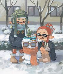 Rule 34 | 2girls, beanie, black-framed eyewear, black jacket, black skirt, blue scarf, boots, brown-framed eyewear, brown footwear, bush, closed eyes, commentary request, covered mouth, eyewear on head, glasses, green hair, green headwear, hand in pocket, hat, highres, inkling, inkling girl, inkling player character, jacket, long hair, medium hair, miko (15476997), multiple girls, nintendo, orange eyes, orange hair, orange scarf, outdoors, pleated skirt, pointy ears, ponytail, scarf, short ponytail, skirt, smile, snow, snowman, splatoon (series), splatoon 3, squatting, standing, teeth, tentacle hair, thick eyebrows, tree, v, window