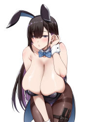 1girl animal_ears black_hair black_leotard black_pantyhose blue_bow blue_bowtie bow bowtie breasts cleavage colored_inner_hair commentary_request darkmaya detached_collar fake_animal_ears gyaru hair_between_eyes huge_breasts knife knife_sheath large_breasts leotard looking_at_viewer multicolored_hair original pantyhose parted_lips playboy_bunny purple_eyes purple_hair rabbit_ears sheath simple_background solo thigh_sheath two-tone_hair white_background wrist_cuffs