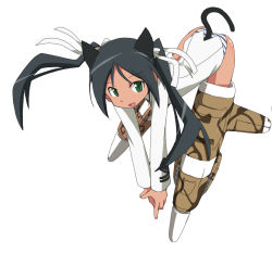 00s 1girl animal_ears ass black_hair cl-55 female_focus francesca_lucchini green_eyes panties solo strike_witches striker_unit striped_clothes striped_panties twintails underwear world_witches_series