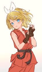 Rule 34 | 1girl, adjusting clothes, adjusting gloves, belt, black belt, blonde hair, blue eyes, bow, bow hairband, breasts, brown gloves, cosplay, dougi, fingerless gloves, flat chest, frown, gloves, hair bow, hair ornament, hairband, hairclip, head tilt, highres, kagamine rin, ken masters, ken masters (cosplay), leather, leather gloves, looking at viewer, martial arts, martial arts belt, petite, red robe, robe, serious, short hair, sketch, skinny, small breasts, solo, street fighter, vocaloid, white bow, white hairband, yukihane (snowowl515)