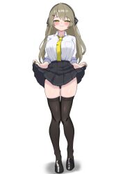 1girl alternate_costume black_hairband black_shoes black_skirt black_thighhighs blush breasts brown_hair closed_mouth collared_shirt commentary_request girls&#039;_frontline girls&#039;_frontline_2:_exilium green_eyes gyaru hairband highres kogal korean_commentary lainie_(girls&#039;_frontline_2) large_breasts loafers long_hair looking_at_viewer necktie oldsickkim panties pleated_skirt shirt shirt_tucked_in shoes side-tie_panties side-tie_peek simple_background skindentation skirt skirt_hold smile solo thighhighs thighs ump40_(girls&#039;_frontline) underwear white_background white_shirt yellow_necktie zettai_ryouiki