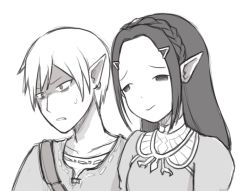 Rule 34 | 1boy, 1girl, akasaka aka (style), braid, closed mouth, clothing request, collarbone, commentary, cosplay, crown braid, english commentary, furrowed brow, greyscale, kaguya-sama wa kokurasetai ~tensai-tachi no renai zunousen~, kawaiimelodies, link, link (cosplay), monochrome, nintendo, pointy ears, princess zelda, princess zelda (cosplay), sanpaku, shaded face, shinomiya kaguya, shirogane miyuki, simple background, smug, standing, sweatdrop, tareme, the legend of zelda, the legend of zelda: breath of the wild, tsurime, upper body, white background
