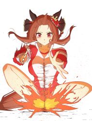 1girl absurdres animal_ears breasts brown_hair ear_covers fire floating_hair gentildonna_(umamusume) highres horse_ears horse_girl horse_tail jacket jagili_noe looking_down red_eyes red_jacket red_shorts shorts sitting solo sportswear tail umamusume white_background