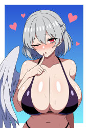 1girl absurdres angel_wings bikini black_bikini blush braid breasts cleavage collarbone crown_braid feathered_wings finger_to_mouth grey_hair grey_wings highres huge_breasts kishin_sagume medium_hair navel one_eye_closed red_eyes short_hair single_wing slit_pupils solo ssaf_seibeupail sweat swimsuit touhou white_wings wings