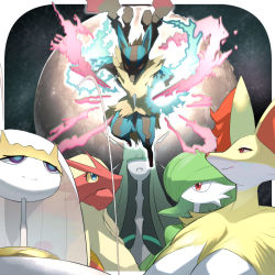 1boy 5girls animal_ears animal_hands antennae beak blaziken blue_eyes border breasts celesteela colored_sclera delphox energy feet fox_ears full_body furry gardevoir gen_3_pokemon gen_4_pokemon gen_6_pokemon gen_7_pokemon glowing glowing_eyes green_hair hair_over_one_eye half-closed_eyes jumping large_breasts licking_lips long_hair looking_at_viewer looking_up lucario mega_lucario mega_pokemon moon multicolored_eyes multiple_girls nintendo pheromosa platinum_blonde_hair pokemon pokemon_(creature) pokemon_dppt pokemon_rse pokemon_sm pokemon_xy purple_eyes red_eyes short_hair sky smile soryuu teeth tongue tongue_out ultra_beast white_border wolf_ears yellow_sclera