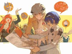 19_0v0 2girls 4boys :o =_= arm_up artist_name black_bustier blue_eyes blue_hair blunt_bangs closed_eyes dark-skinned_male dark_skin fairy gallica_(metaphor:_refantazio) gears grey_hair heismay_(metaphor:_refantazio) heterochromia highres hime_cut holding holding_paper horns index_finger_raised long_pointy_ears metaphor:_refantazio multiple_boys multiple_girls neuras_(metaphor:_refantazio) open_mouth orange_hair paper pointy_ears short_hair simple_background smile sparkle spoken_object standing strohl_(metaphor:_refantazio) twitter_username two-tone_background white_background yellow_background yellow_eyes