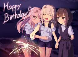3girls akaneko016 bare_shoulders black_dress black_hair blue_shorts blue_skirt blush breasts brown_eyes chloe_von_einzbern closed_eyes collared_shirt dark-skinned_female dark_skin dress fate/kaleid_liner_prisma_illya fate_(series) fireworks happy_birthday illyasviel_von_einzbern long_hair looking_at_viewer miyu_edelfelt multiple_girls off_shoulder open_mouth orange_eyes pink_hair shirt short_sleeves shorts sidelocks skirt small_breasts sparkler white_hair white_shirt