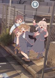 Rule 34 | &gt; &lt;, 09hkr, 4girls, :o, ahoge, brown hair, genderswap, genderswap (mtf), google maps, google street view, high school girls posing for google street view (meme), highres, hozuki momiji, jacket, loafers, long hair, looking at another, meme, multiple girls, murosaki miyo, oka asahi, onii-chan wa oshimai!, open mouth, oyama mahiro, photo background, pink hair, red eyes, school uniform, shoes, short hair, skirt, smile, suspender skirt, suspenders, v