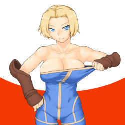 1girl abs bare_shoulders blonde_hair blue_eyes bodysuit breasts cleavage cleavage_reach covered_erect_nipples female_focus final_fantasy final_fantasy_tactics fingerless_gloves gauntlets gloves large_breasts monk monk_(fft) short_hair simple_background smile solo tsukudani_(coke-buta) unitard white_background