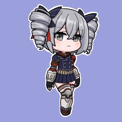 1girl black_bow black_gloves blue_background blue_jacket blue_skirt blush bow bronya_zaychik brown_shirt brown_shoes chibi closed_mouth collared_shirt dress_shirt drill_hair full_body gloves grey_eyes grey_hair grey_thighhighs hair_between_eyes hair_bow highres honkai_(series) honkai_impact_3rd jacket mokkyo_(motkyo) outline pleated_skirt puffy_short_sleeves puffy_sleeves shirt shoes short_sleeves simple_background skirt solo standing striped_clothes striped_shirt thighhighs twin_drills twintails vertical-striped_clothes vertical-striped_shirt white_outline
