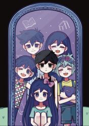 Rule 34 | 2girls, 4boys, antenna hair, aubrey (headspace) (omori), aubrey (omori), basil (headspace) (omori), basil (omori), black eyes, black hair, black tank top, blue overalls, blue shirt, blush, book, bow, closed mouth, collarbone, double-parted bangs, expressionless, flower, green hair, green shirt, hair bow, hand on another&#039;s shoulder, head wreath, hero (headspace) (omori), hero (omori), highres, holding, holding book, kel (headspace) (omori), kel (omori), long hair, looking at mirror, looking at viewer, mari (headspace) (omori), mari (omori), mirror, multiple boys, multiple girls, omori, omori (omori), one eye closed, open mouth, overall shorts, overalls, pajamas, pink bow, purple eyes, purple hair, shirt, short hair, short sleeves, sitting, smile, t-shirt, tank top, tsukuyomii art, v