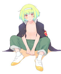1boy armband black_jacket blush buttons closed_mouth collarbone collared_jacket colored_eyelashes commentary_request frown full_body green_hair green_pants hairband highres jacket jacket_on_shoulders kome_1022 lio_fotia male_focus navel nervous_sweating open_clothes open_jacket pants popped_collar promare red_eyes simple_background sitting socks solo sweat trap white_background white_hairband white_socks