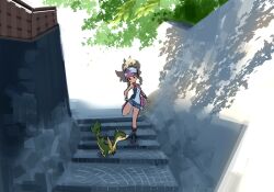 1girl antenna_hair baseball_cap boots brown_hair denim denim_shorts exposed_pocket full_body gen_5_pokemon hat hilda_(pokemon) nintendo nyagiratwist outdoors pokemon pokemon_(creature) pokemon_bw servine shorts stairs third-party_source tree_shade